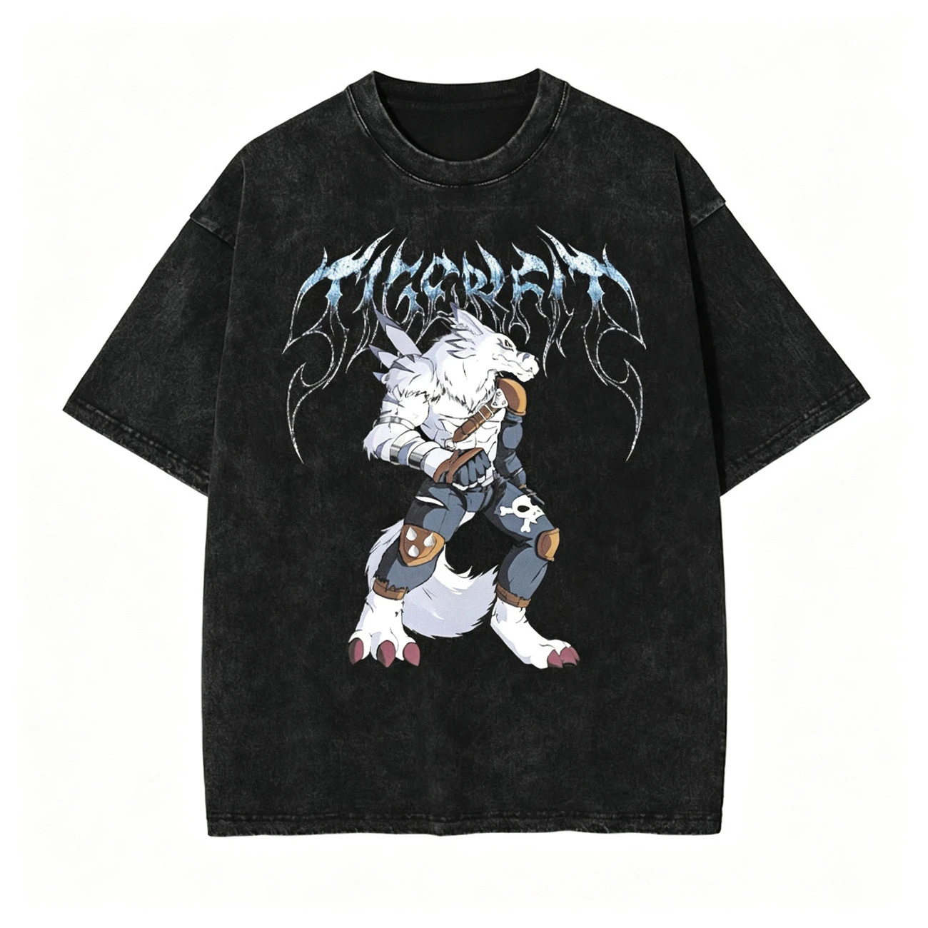 Rare Digimon Tengu Death Metal Font Printed Retro Washed Distressed Short-sleeved T-shirts for Men and Women Made of Cotton