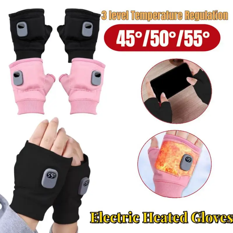 Guantes calefactables eléctricos USB, calentador de medio dedo con temperatura ajustable de 3 velocidades, calentador de manos sin dedos con pantalla táctil para montar