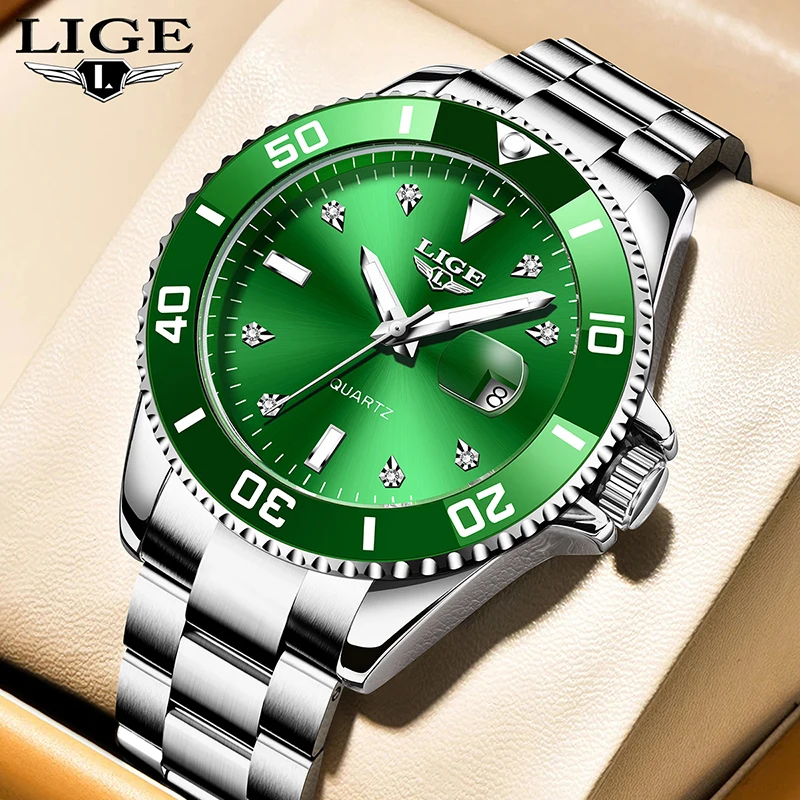 

Top LIGE brand new watch men's luxury fashion quartz watch waterproof calendar green men's clock wristwatch relogios masculino