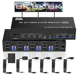 8K Displayport USB 3.0 KVM Switch 3 Monitors 4 Computers, DP 1.4 Triple Monitor with Audio Microphone Output and 3 USB 3.0 Ports