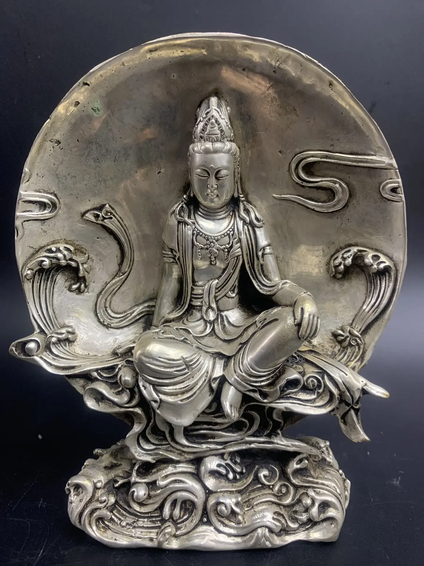 

7.8" Old Chinese Pure Copper Gilt Silver Kwan-yin Guan Yin Sitting Moon Statue Fengshui home decor