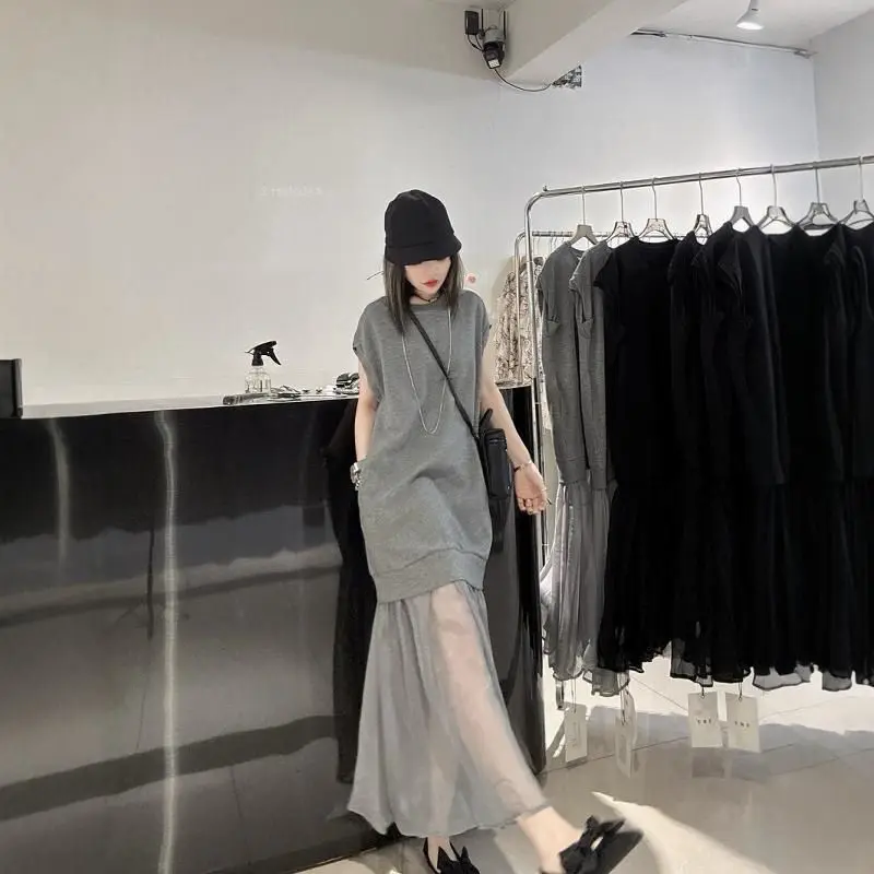 Robe d'été légère en maille épissée, T-shirt sans manches en Faux deux pièces, à la mode et Unique