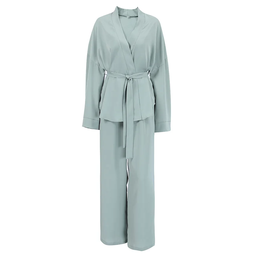 Pajamas For Women Loose Nightwear Long Sleeve 2 Piece Sets Pyjamas Sashes Solid Trouser Suits Casual Female Sleepwear 2022