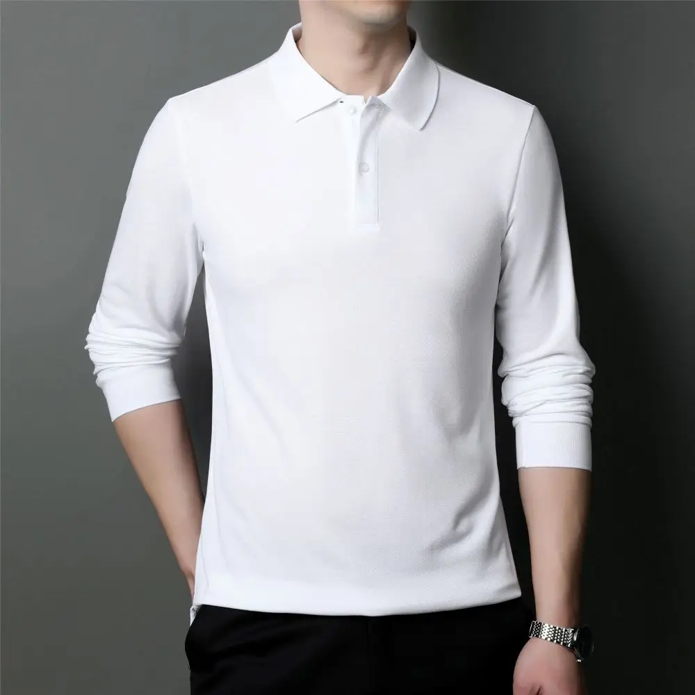 

COODRONY 2023 New Comfortable Breathable Long-sleeved T-shirt Simple Solid Color Polo-Shirt Men's Business Casual Top W5824