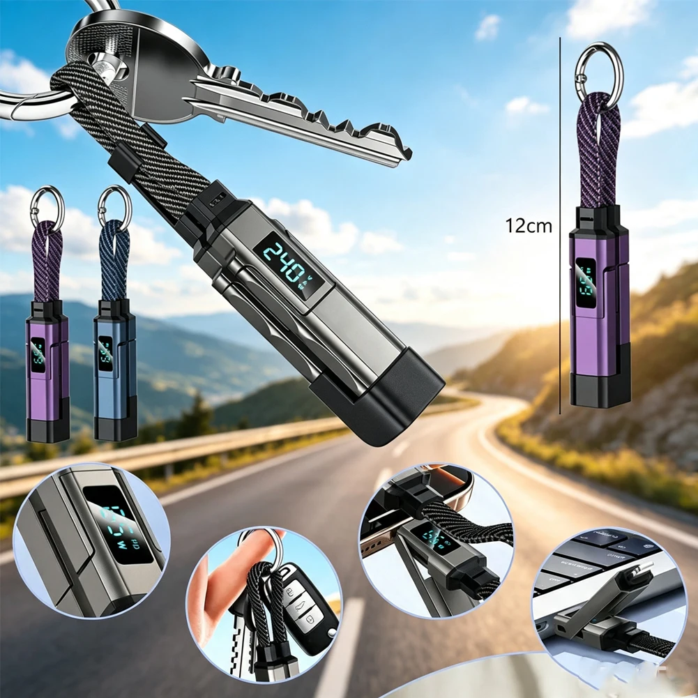In... Stock 4 in 1 65W Keychain Charging Cable USB C Cable with V/A/W Display Type C for Portable Cord for Laptop Mobile Phone