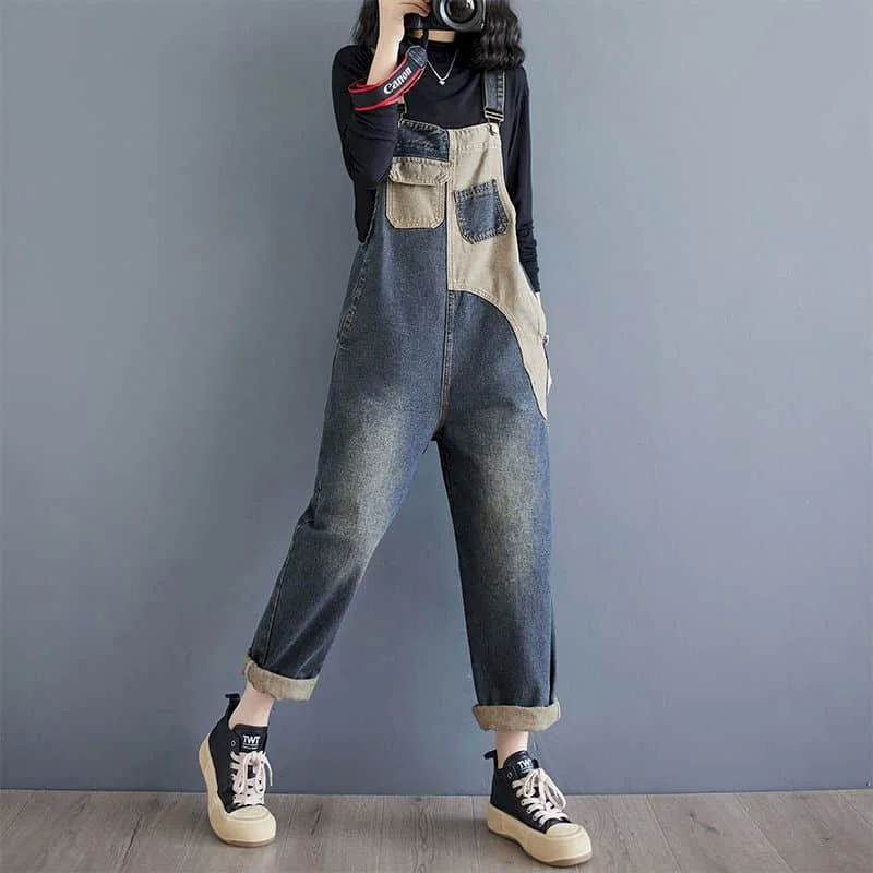 Patchwork Denim Jumpsuits for Women Korean Style Cross-pants Vintage Playsuit Loose Trouser Oversized Overalls for Women Clothes