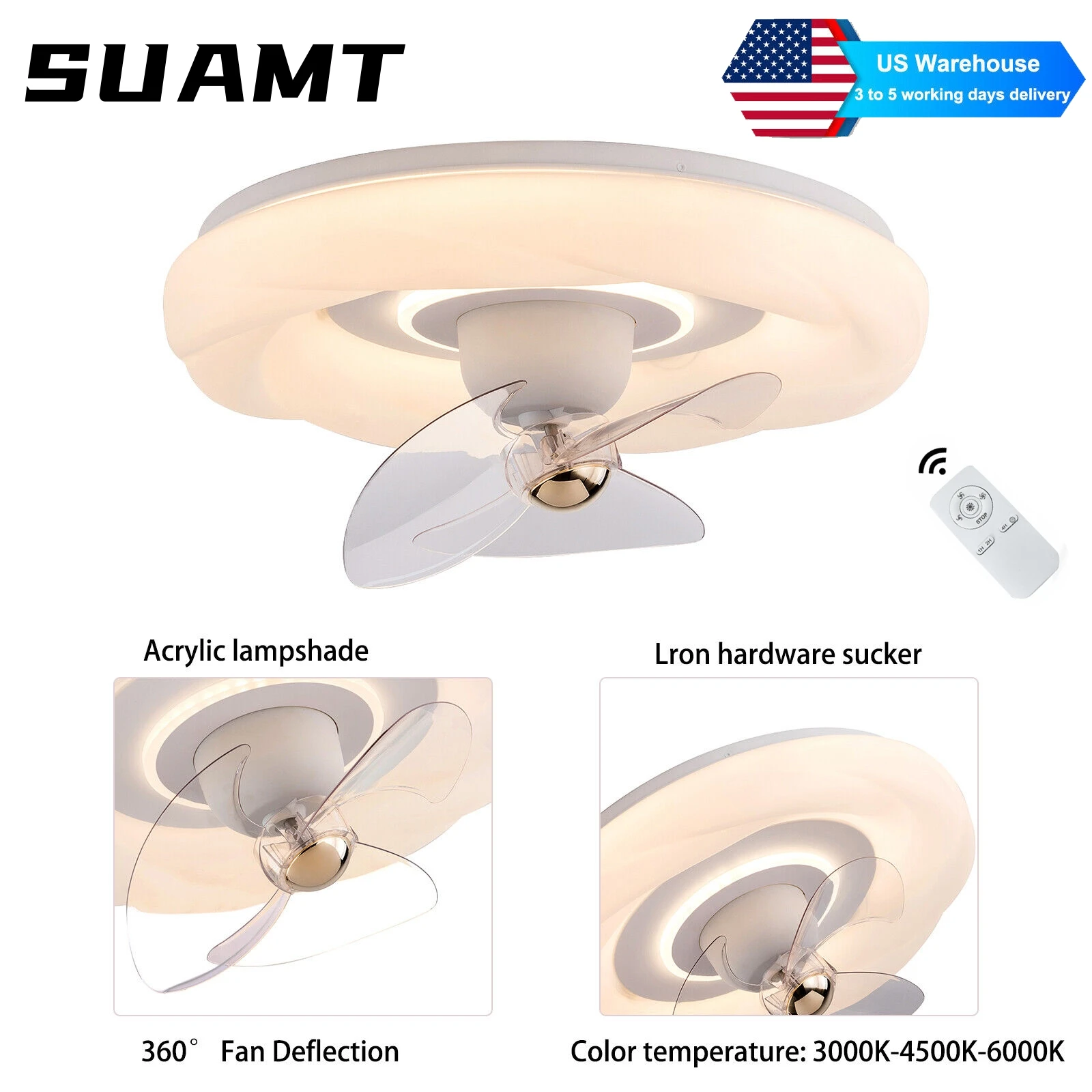 Home Dimmable 6-speed Ceiling Fan Light Living Room LED Chandelier W/ Remote Control Modern Round Ceiling Fan Light 3 Color