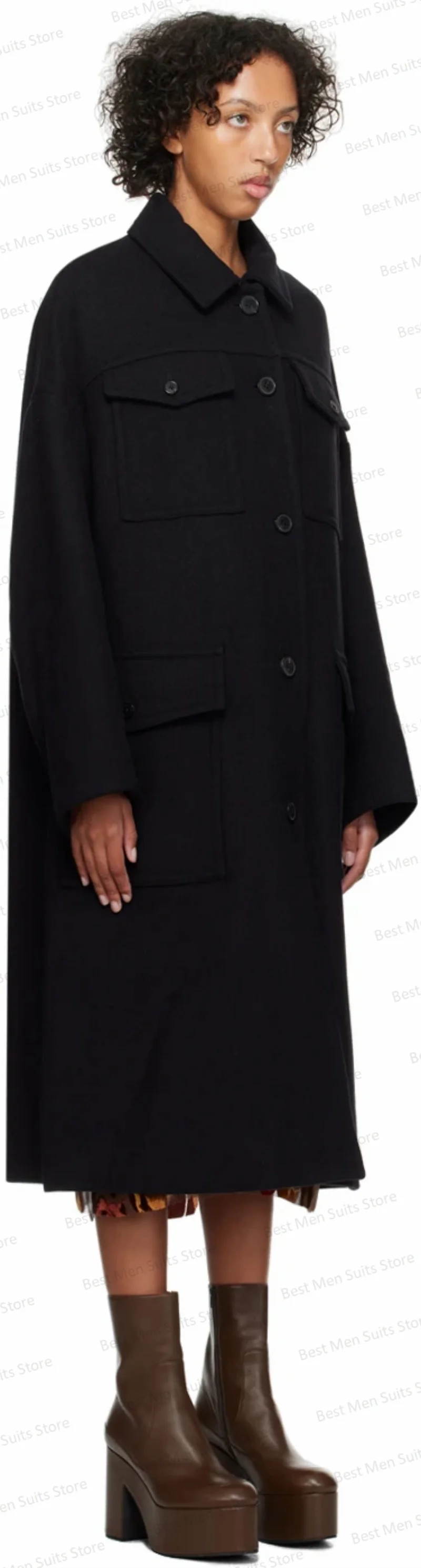 Pardessus long en laine noire pour femme, blazer à col coloré, veste formelle, optique d'hiver, robe de Rhen cachemire sur mesure