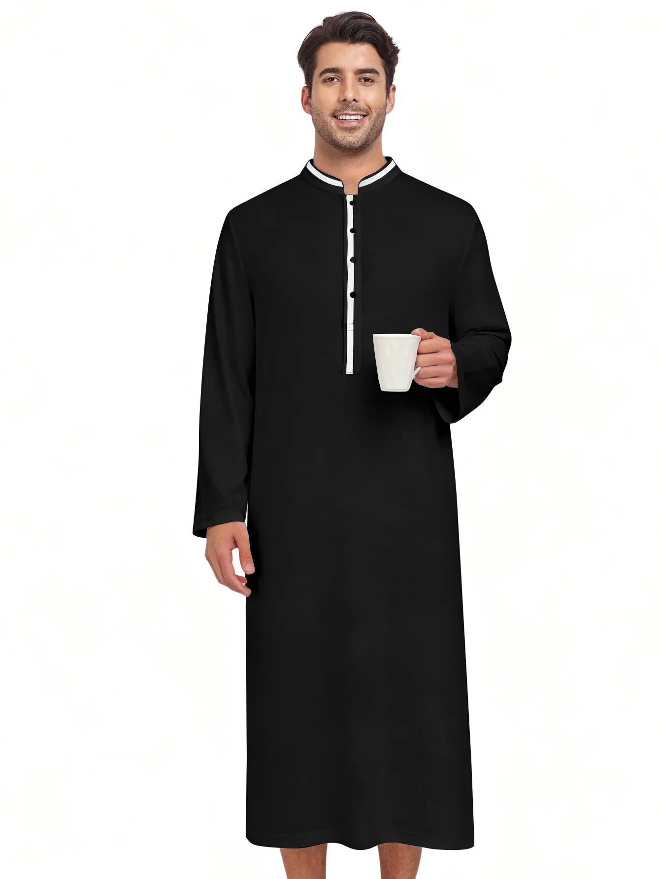 Men Modal Long Sleeve Nightgown Stand Collar Contrast White Trim Loose Nightshirt Soft Home Robe Casual Sleepwear Pajamas Dress
