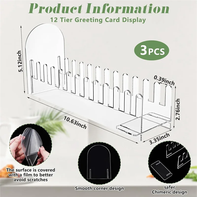 Highly Recommended-3 Pcs 12 Tier Acrylic Greeting Card Display Stand Clear Card Display Stand Easy To Assemble Postcard Sticker