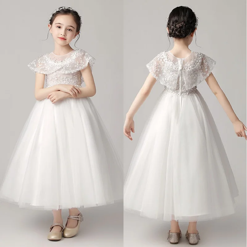 Girls Dress Flower Mesh Embroidery Christmas Ball Gown Wedding Dresses For Kids Princess Teenagers Noble Catwalk Costumes