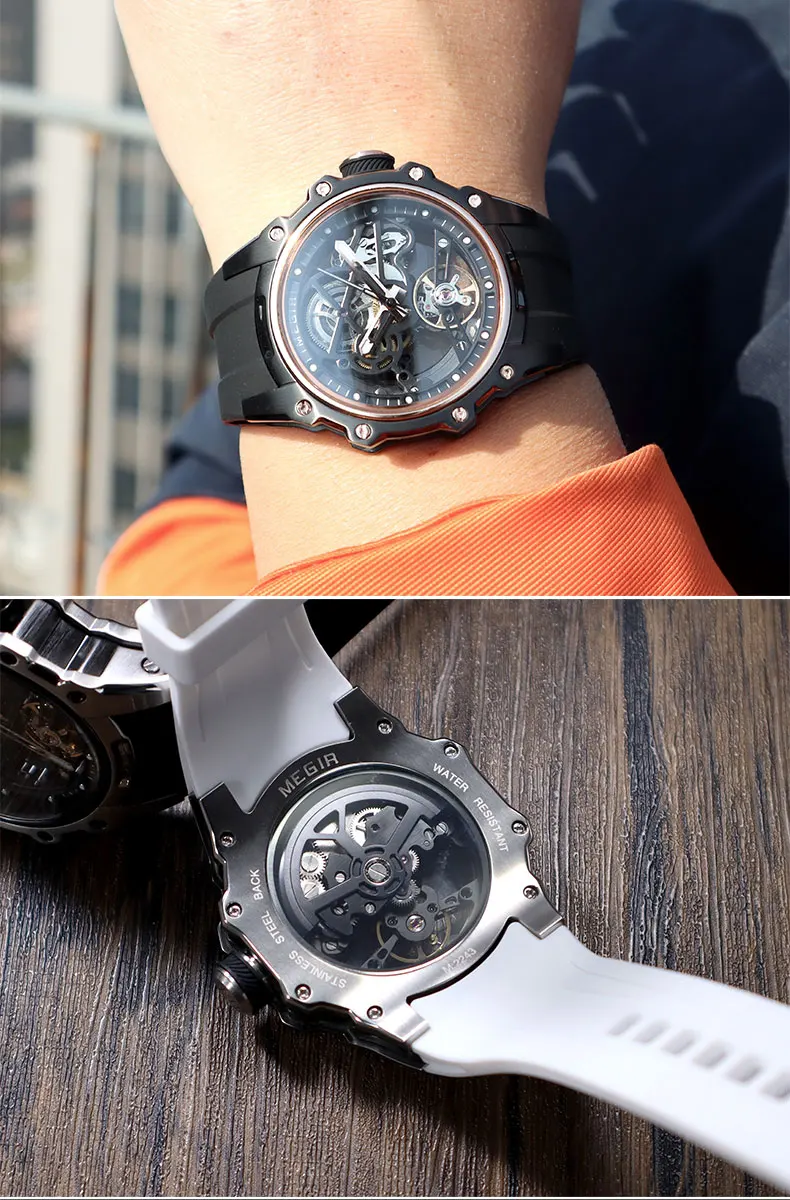 MEGIR Skeleton Dial Automatische Mechanische Uhr Männer Edelstahl Gehäuse Wasserdicht Leuchtende Sport Armbanduhr mit Silikon Armband – Detail 18