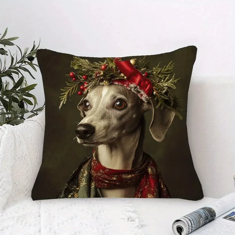 1pc Whippet Dog Pillow Cover, Polyester 2D Double-Sided Print, Festive Wreath Dog Portrait, Pet Lover Holiday Decor Gift