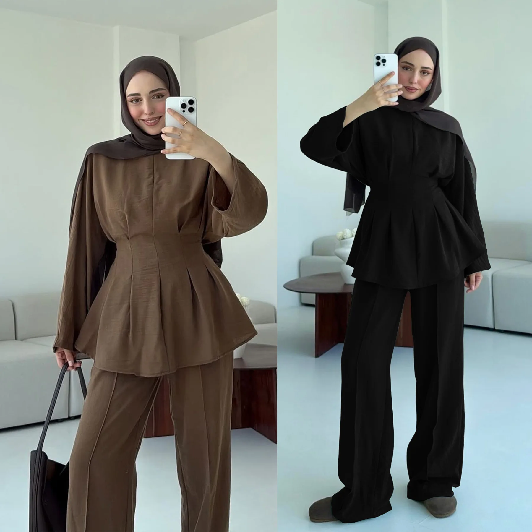 卸売 新ラマダン イード イスラム教徒向け 控えめなトルコ ドバイ アバヤ ジャズクレープ 女性用ムスリム カジュアルシャツブラウスとパンツのツーピースセット