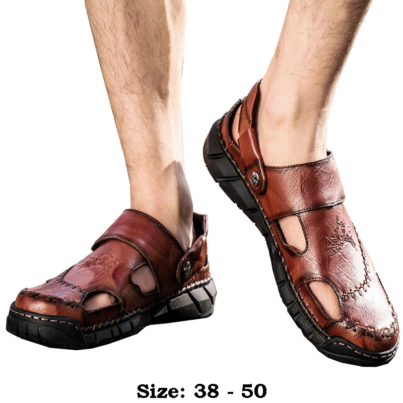 High quality leather flat sandals for men round toes new summer 2024 size 49 50 casual outdoor walking big size shoe black brown