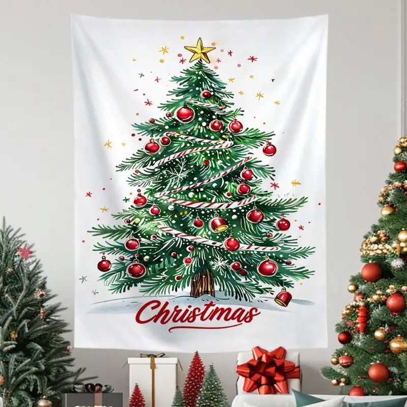 VIKAMA Wall Tapestry Christmas Hand Painted Tree Candy Cane Red Ornaments Wall Hanging Home Decor Living Room Bedroom Aesthetic