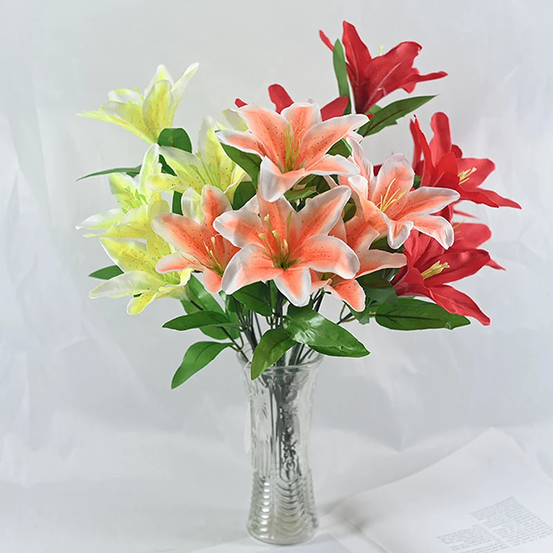 7 Heads Artificial Lily Flowers European Multicolor Fake Bridal Flower Bouquet Wedding Home Party Decoration Flowers