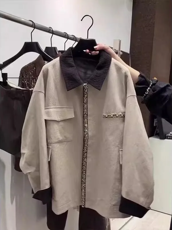 

plus Size 300 Pou Casual Heavy Du Rhinestone Jaet Women's Autumn Winter Loose Faion Workwear Top 2 Youth Sle