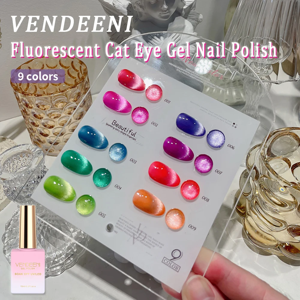 

Vendeeni 9 Colors/Set Fluorescent Cat Eye Gel Nail Polish Magnetic UV LED Soak Off Gel Lacquer Spar Cat Eye Nail Art Gel Varnish