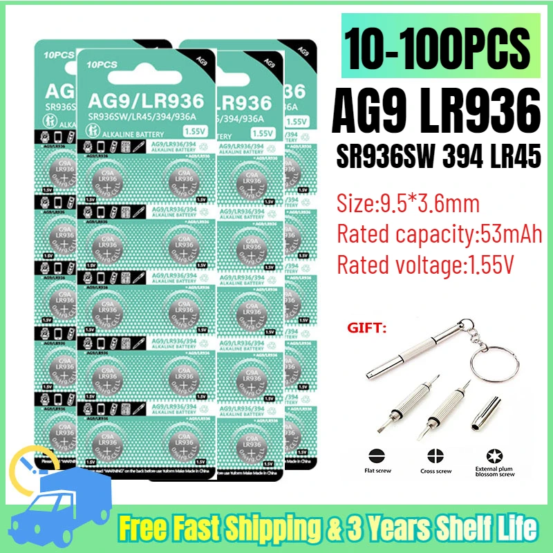 10-100PCS 1.55V AG9 LR936 394 SR936SW CX194 LR45 Button Batteries G9A 194 394A SR936 L936F Cell Coin Watch Toys Remote Battery