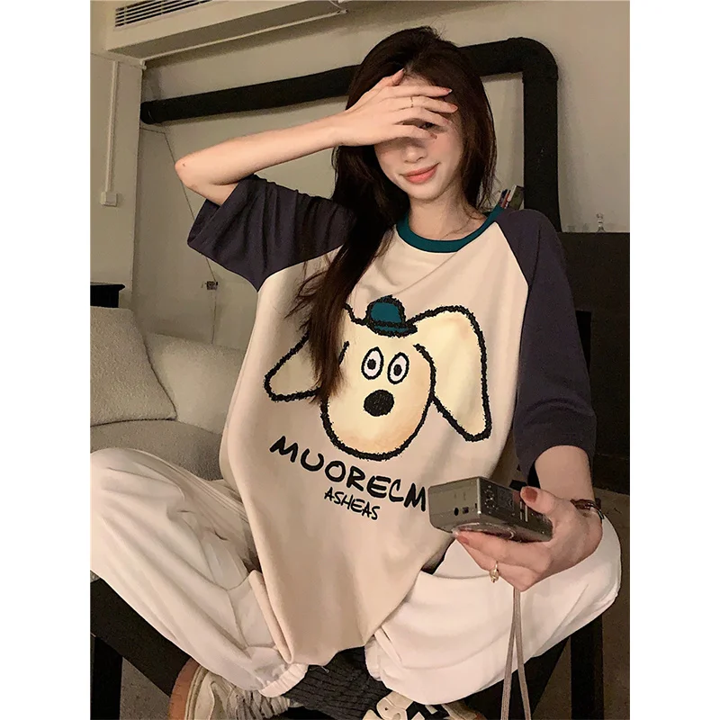 

Summer Women Casual Tshirts Korean 2023 New Loose Fashion Cartoon Print Color Block Short Sleeve T-shirt Female Student