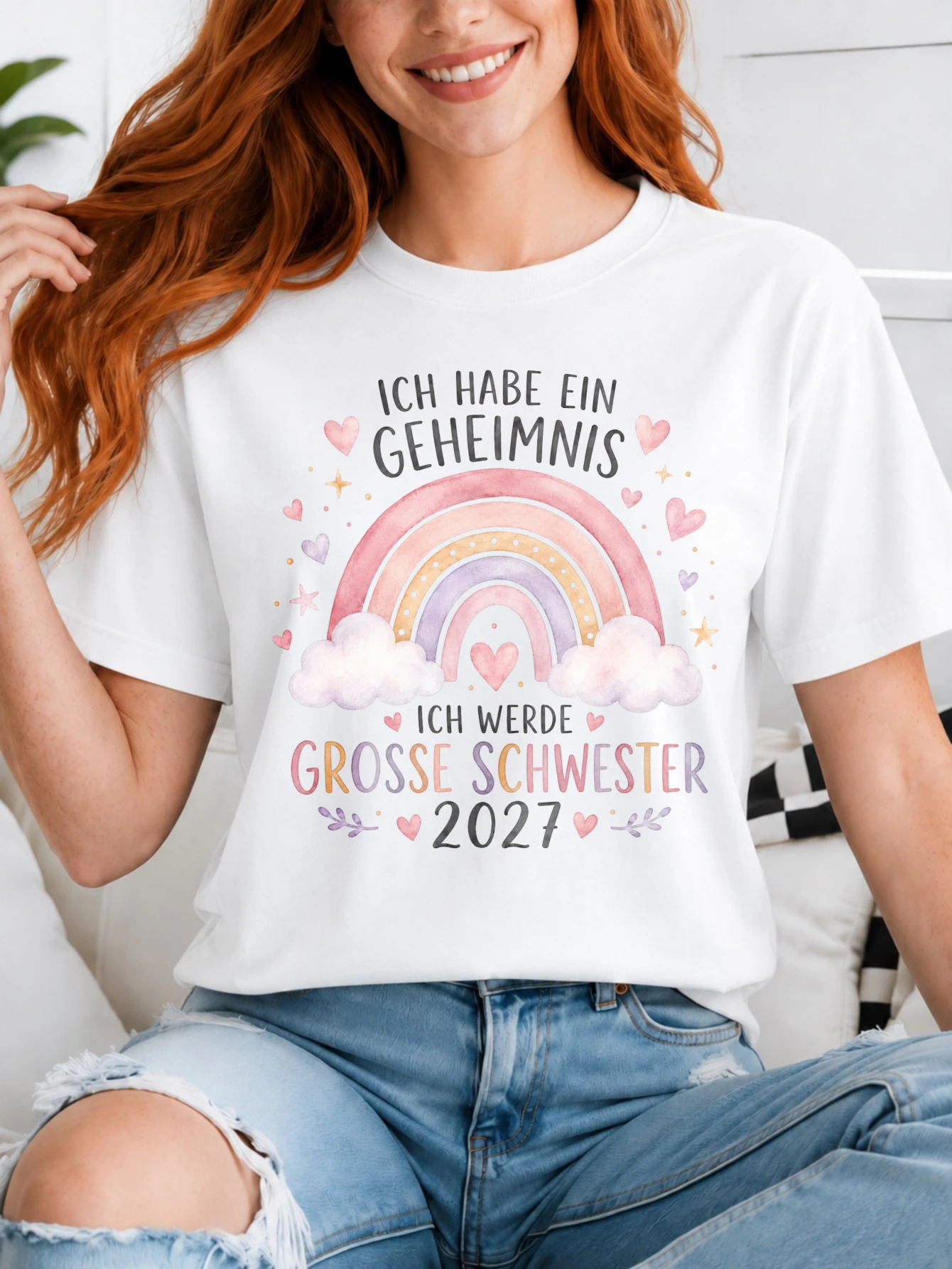 Ich Werde Grosse Schwester 2027 watercolor rainbow clouds with hearts and gentle pastel announcet  Unisex All T-Shirt