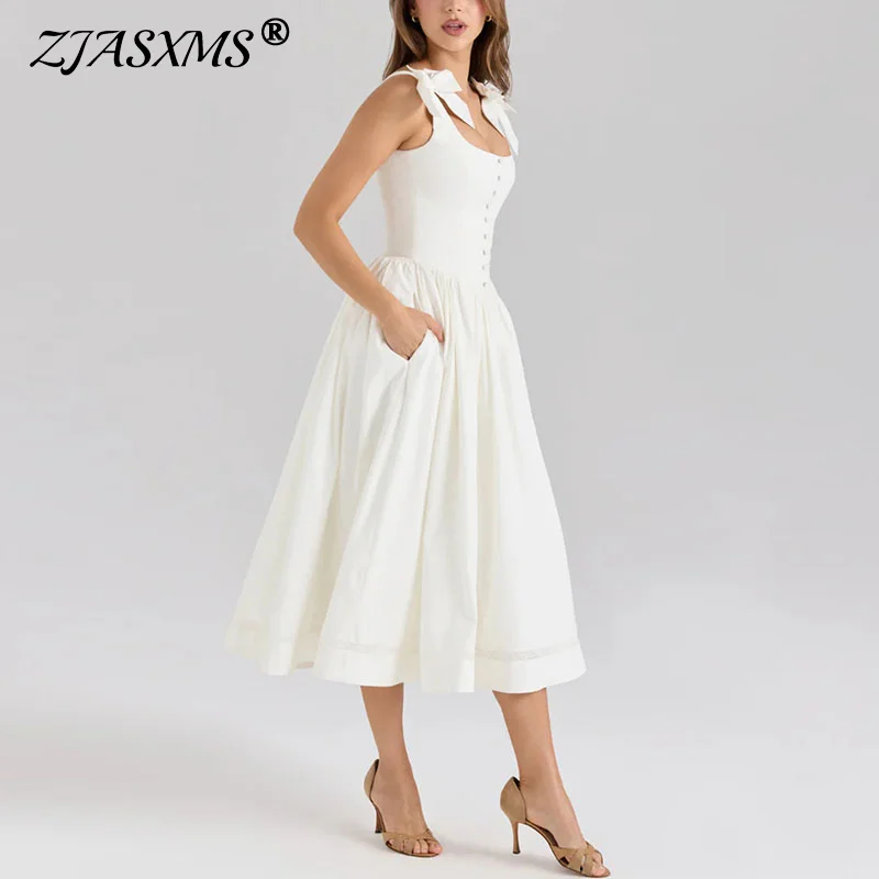 New Sexy Sleeveless Bowknot Lace Up Party Dress Summer Elegan Solid Button Commute Dress Women's Chic Zipper A-Line Boho Dresses