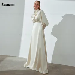 Customized Muslim High Collar Ivory A-line Wedding Dresses Ruffle Full Satin Bride Gown Floor Length robe de mariée