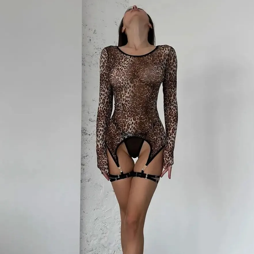 Conjunto de lingerie leopardo Brskbzda, bodycon com estampa animal, tops apertados, manga comprida, renda fantasia, roupa maricas bizarro, sexy, nova moda