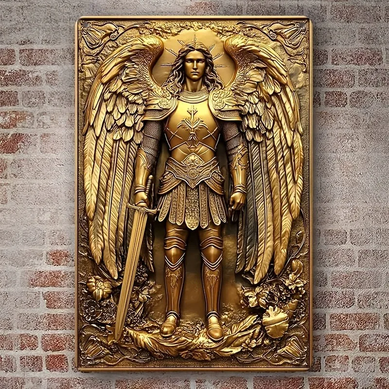 A metallic wall art depicting an angelic warrior, perfect for decorating bars, bedrooms, and living rooms