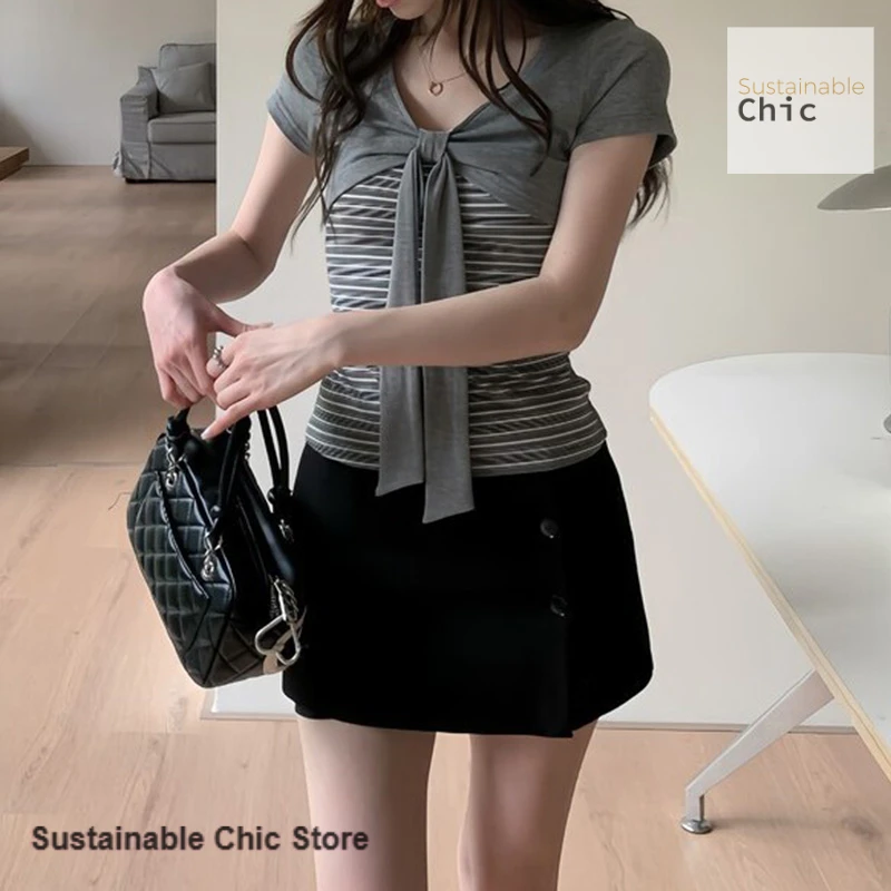 

French retro chic gray striped bow fake two-piece T-shirt women's summer new fashion super good-looking Joker slim casual top.