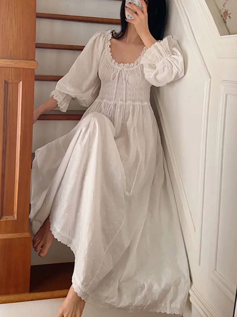 Cotton Embroidery French Languid U-Neck Ruffles Princess Nightgown Lace-up Vintage Fairy Night Dress Spring Pajamas Sleepwear