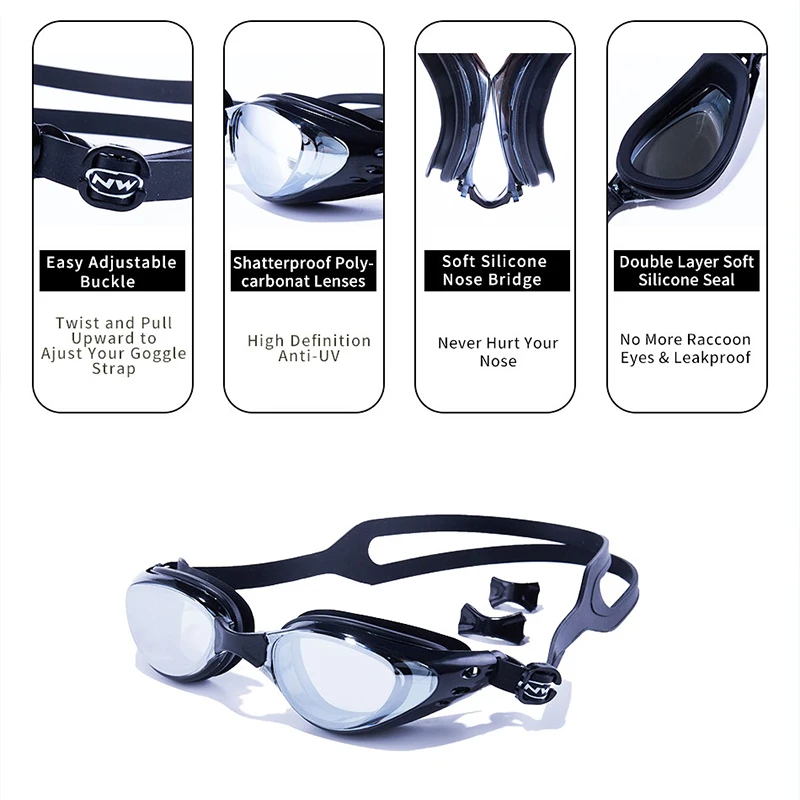 Professional Anti Fog Swimming Goggles Swimming Glasses Electroplated Waterproof Silicone Pool Goggles With 3 Nose Clips