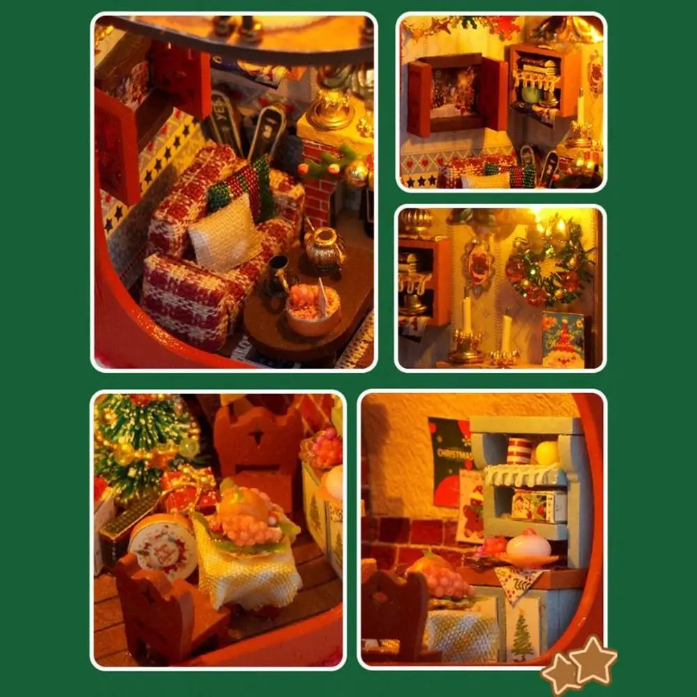 Wooden Christmas Stocking with Furniture Handmade with LED Lights DIY Christmas Cottage Model Glowing Miniature House Kit