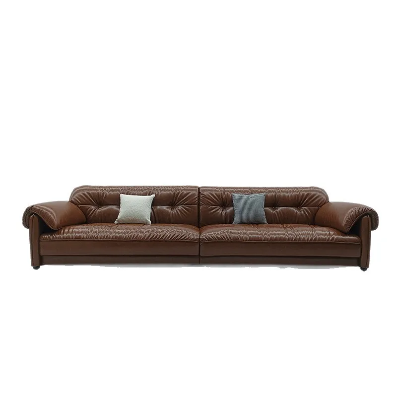 French retro leather sofa first layer cowhide Italian minimalist pine straight row small apartment elephant ear sofa