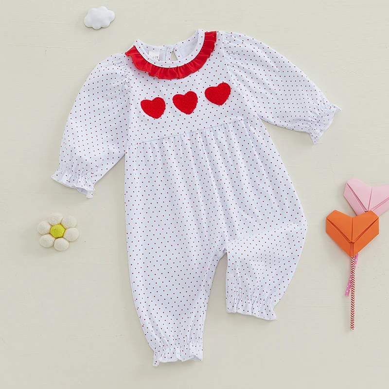 Infant Girls Valentine s Day  with Heart Print Bow Detail and Ruffled Crew Neck - Adorable Long Sleeve Baby Romper for