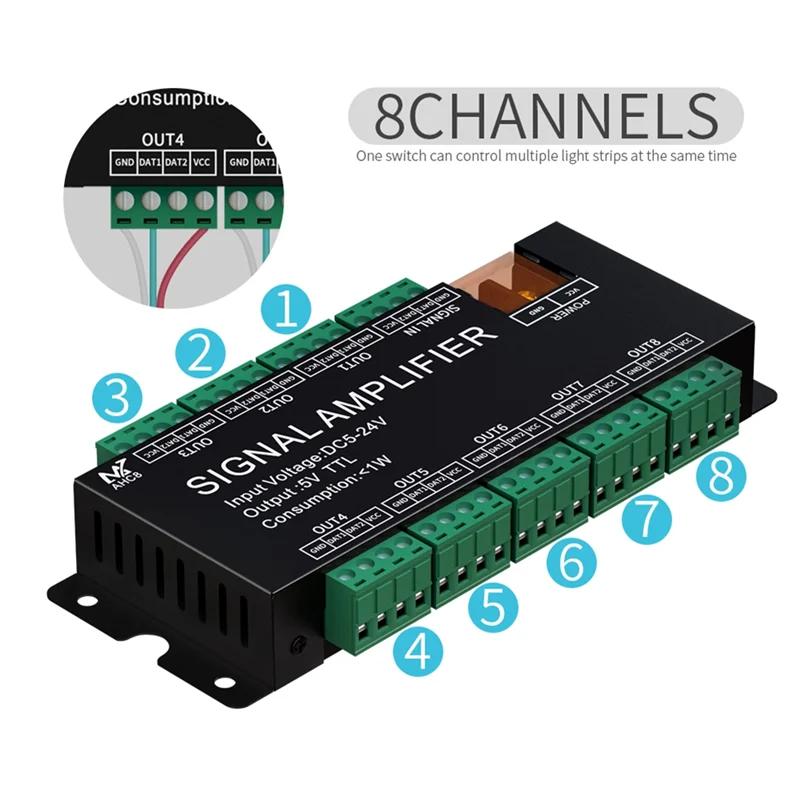 BAAG-8CH усилитель сигнала светодиодной ленты, WS2812 5 В SPI TTL выход сигнала для WS2811 WS2815 WS2813 SK6812 пикселей светодиодный светильник DC5-24V