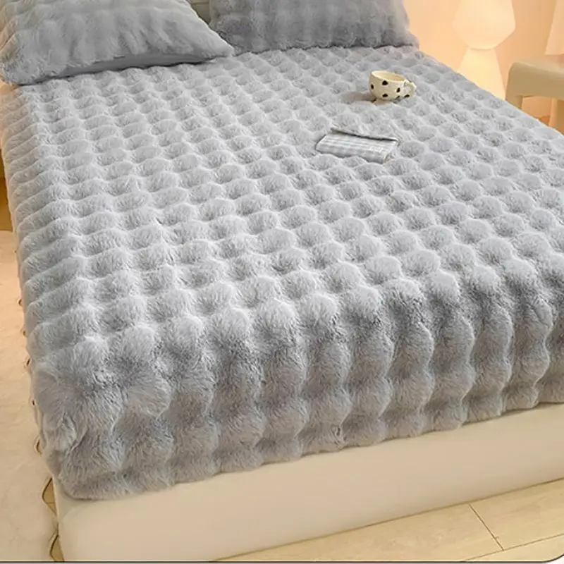 Bubble Textured Faux Fur Fitted Sheet, Soft Plush Mattress Cover, Cozy Warm Fluffy Fleece Bed Sheet for Winter Bedroom