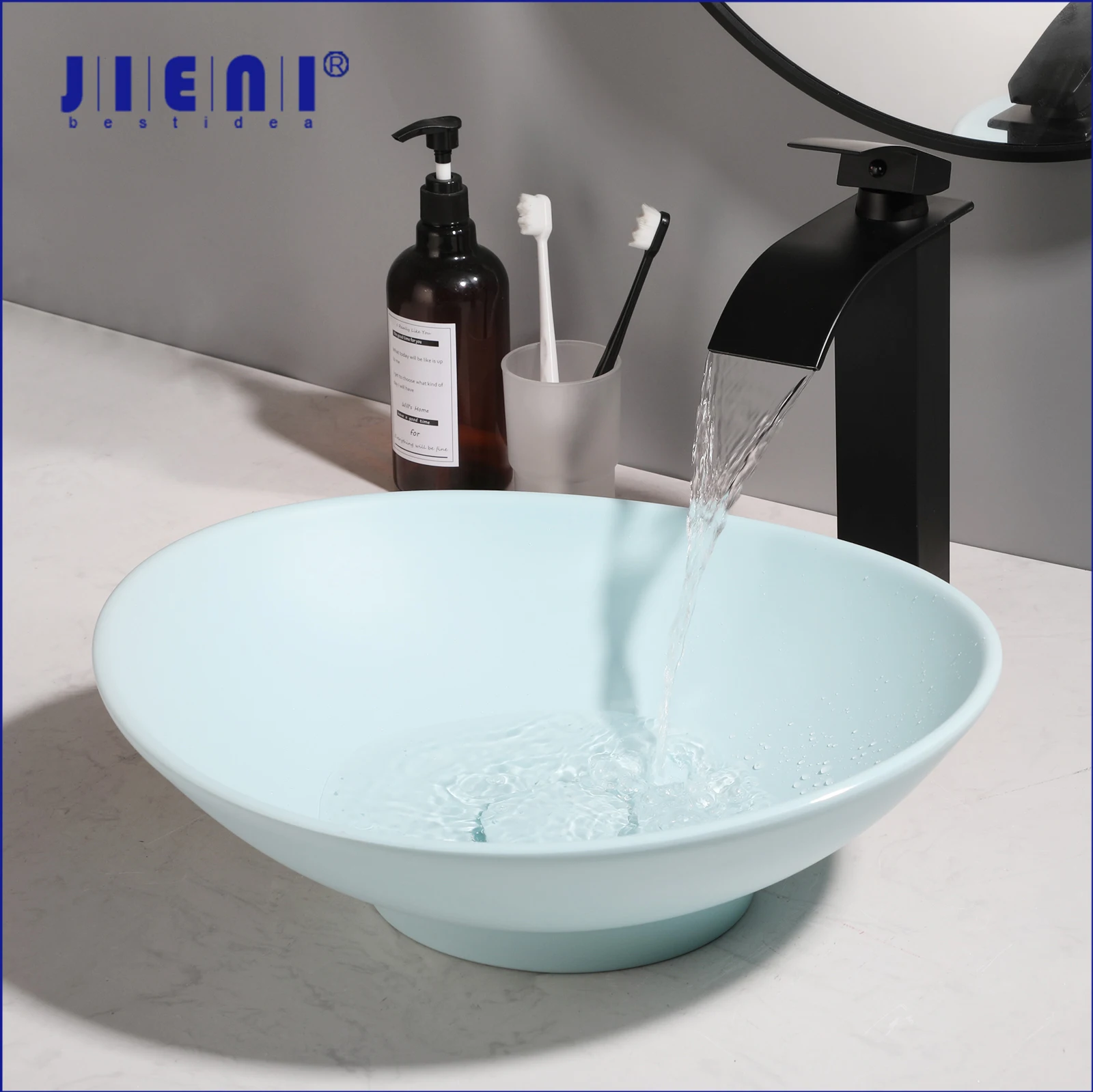 JIENI ชุดอ่างล้างจานห้องน้ํารูปไข่วัสดุใหม่อ่างล้างหน้าน้ําตกก๊อกน้ําร้อนเย็น Blue Pop Up Drain สําหรับห้องน้ําหรือโต๊ะเครื่องแป้ง