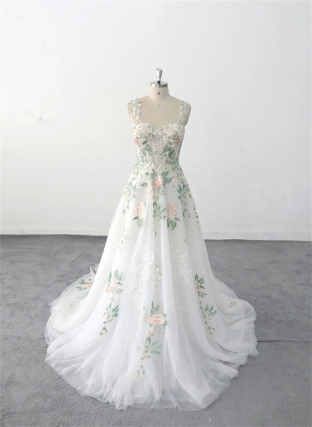 Cathy White Floral Print Wedding Dresses Long Tail A-line Tulle فساتين سهرة Elegant Sleeveless Floor-length vestidos de fiesta