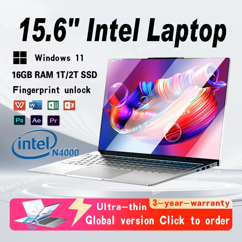 

2025 Ultra-thin Professional Business Notebook windows 11 Intel Celeron N4000 16GB RAM 1TB 2TB SSD 15.6“ Fingerprint Laptop PC