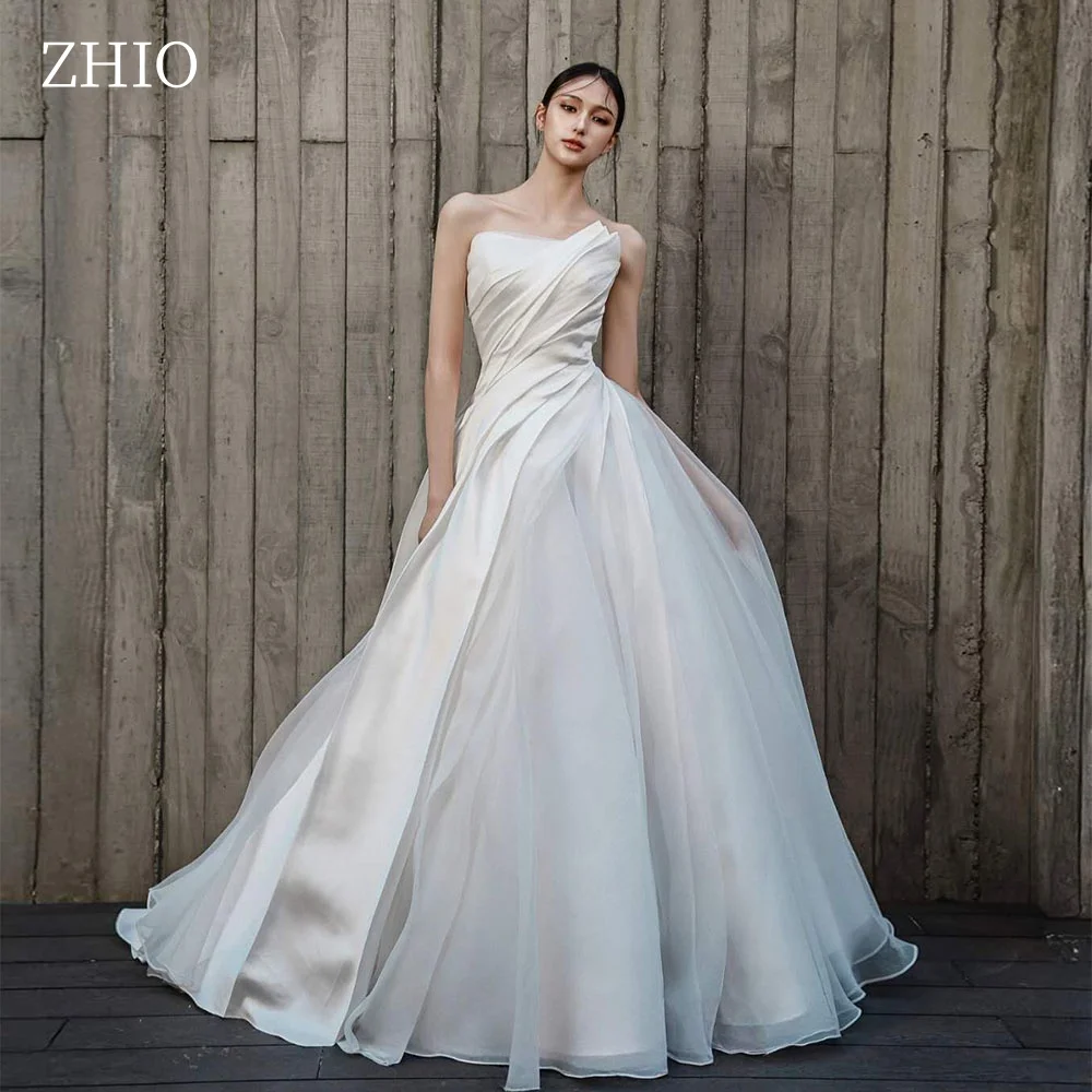 ZHIO Modernes, plissiertes Brautkleid, trägerlos, bodenlang, Satin mit Organza, A-Linie, koreanisches Fotoshooting-Brautkleid, individuell,  soi Museum