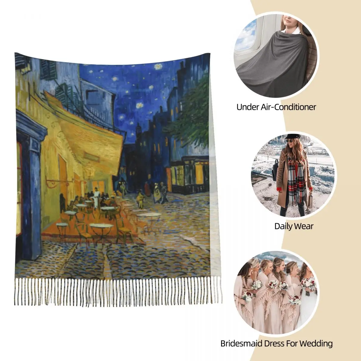 Van Gogh Art Cafe Terrace Scarf for Women Warm Winter Pashmina Shawl Wrap Painting French art Long Shawl Scarf Lightweight