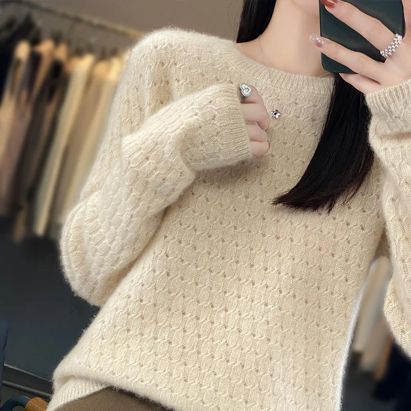 MOONYUEFA-Merino Cashmere Sweater for Women, Long Sleeve Top, O-Neck Pullover, Hollow, Warm, Autumn, Winter, 100%