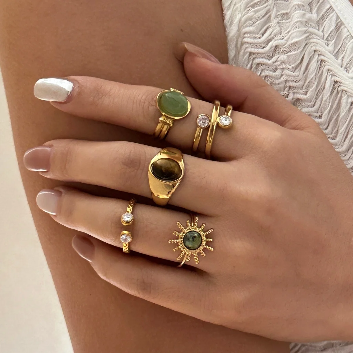 Retro-Tigeraugen-Naturstein-Oval-Sonnenringe, stapelbar, für Damen und Herren, Edelstahl, Zirkonia, Wickelring, Streifen-Fingerring, Schmuck – Detail 7