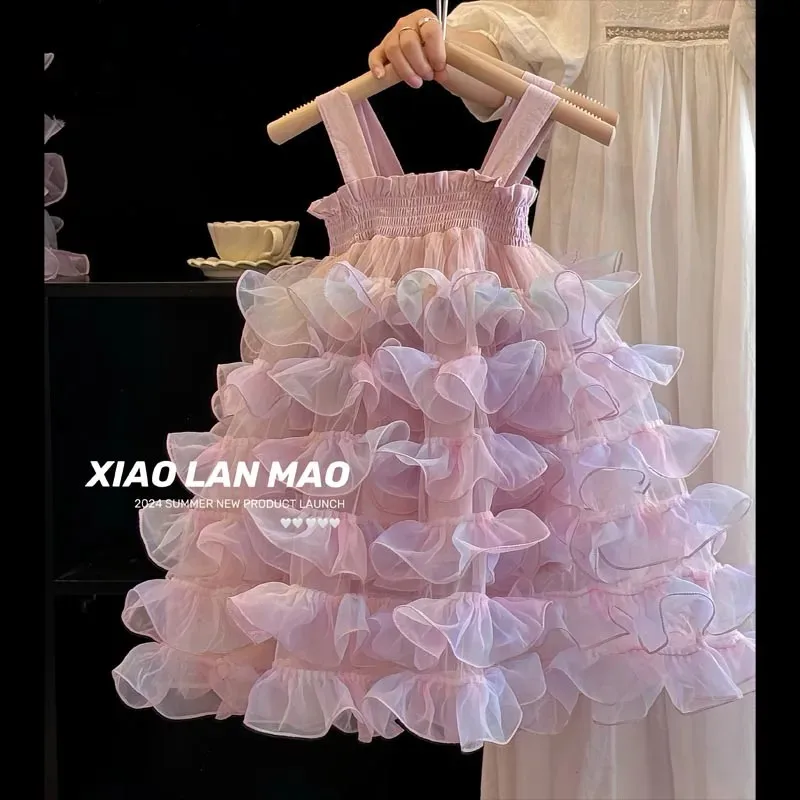 

Girls' Suspended Cake Dress Summer New Children's Dress Fluffy Princess Dress Little Girl Sweet Dress Dance Dress