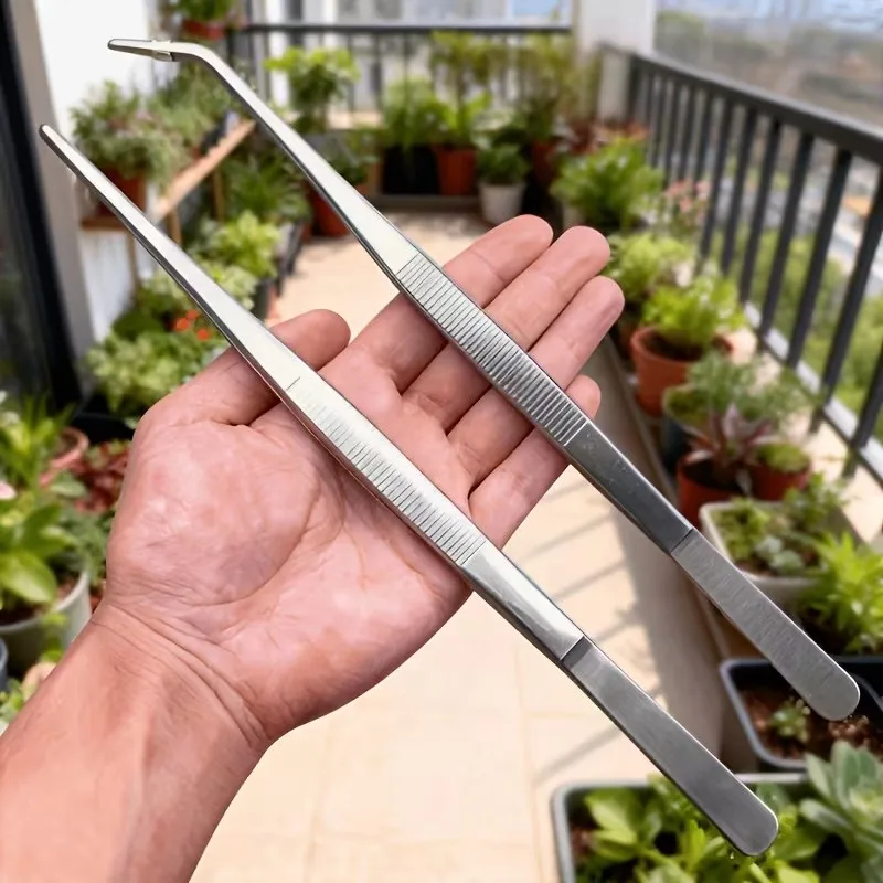2pcs 20cm Stainless Steel Tweezers Set – Straight & Curved Tips, for Bonsai, Aquarium, Plant Care