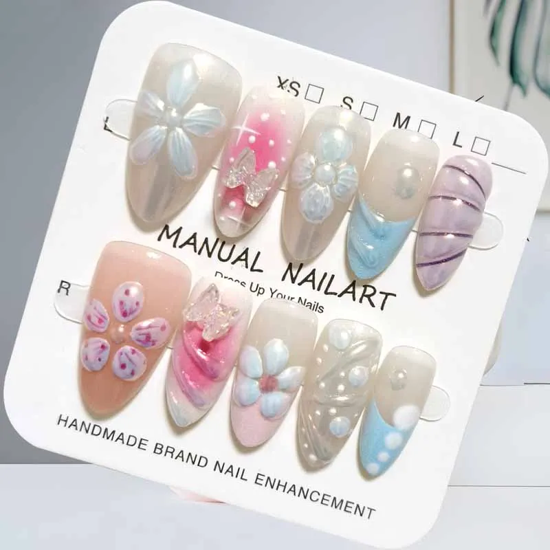 10pcs Dopamine French Style 3D Flower Butterfly Aurora Press On Nails European and American Vacation Style Almond False Nails