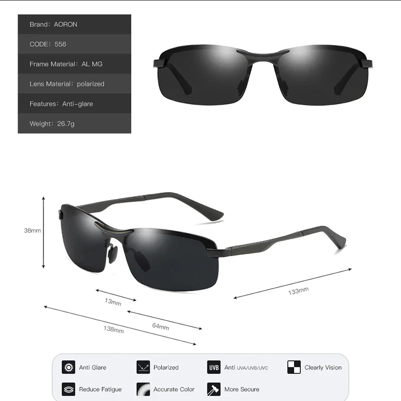 Aoron Semi-Rimless Mens Polarized Sunglasses Driver Sunglasses Men, Aluminum Magnesium Frame Sun Glasses UV Protection