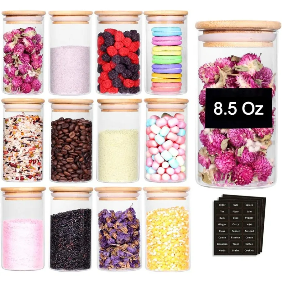 

12 Pcs Glass Spice Jars 8.5oz Empty Small Glass Bottles with Bamboo Airtight Lids and Labels Thicken Seasoning Spice Containers